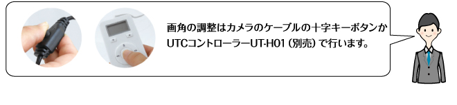 画角の調整はカメラのケーブルの十字キーボタンかUTCコントローラーUT-H01（別売）で行います。